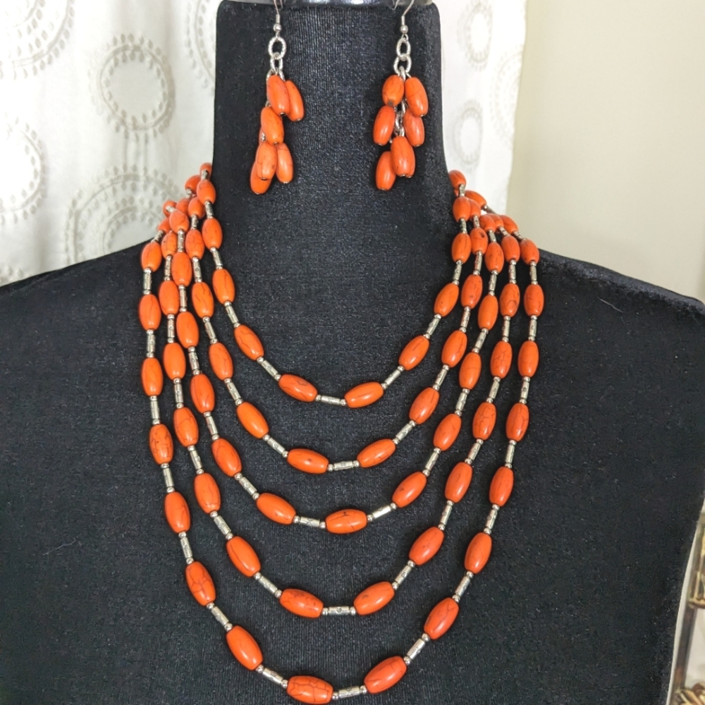 🍊 Orange & Silver Beaded Necklace Set